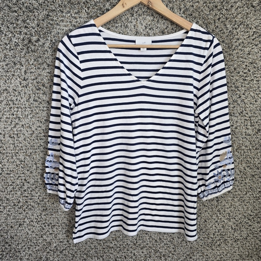 J Jill Top Womens XS Blue Striped Oversized V Neck Tee Embroidered Sleeve Casual